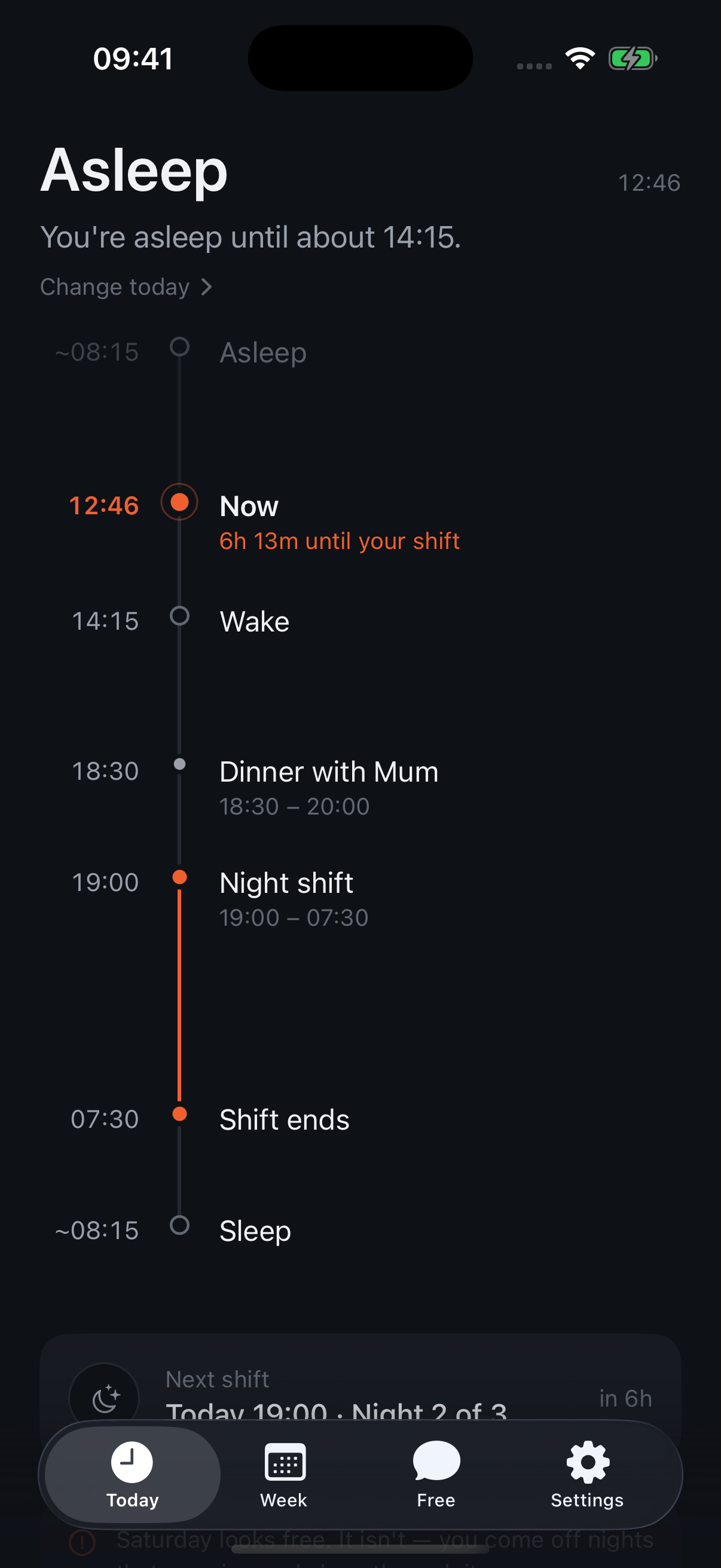The Stint Today screen: a wake-to-sleep timeline showing sleep, a personal plan, and a night shift.