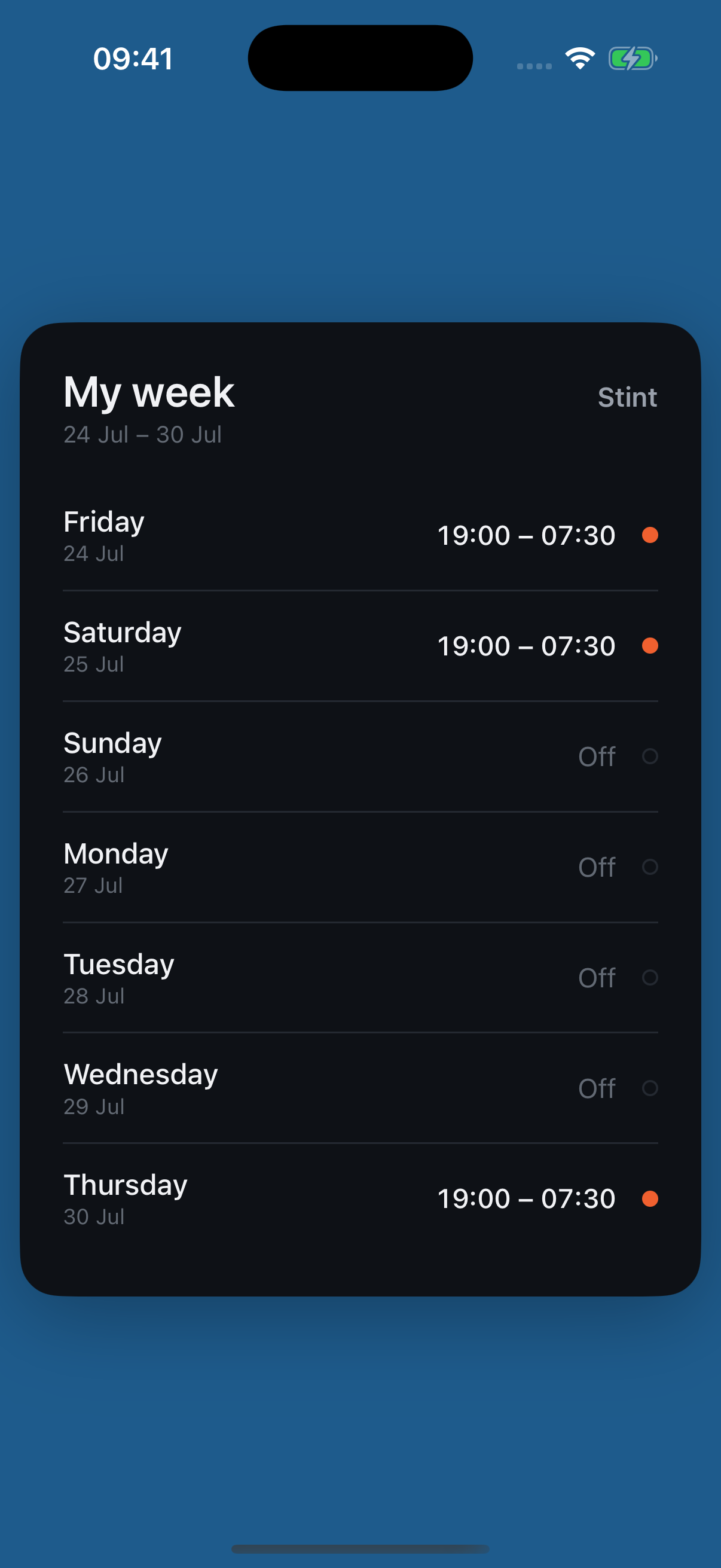 A shareable image of the week's shifts, ready to send to family.